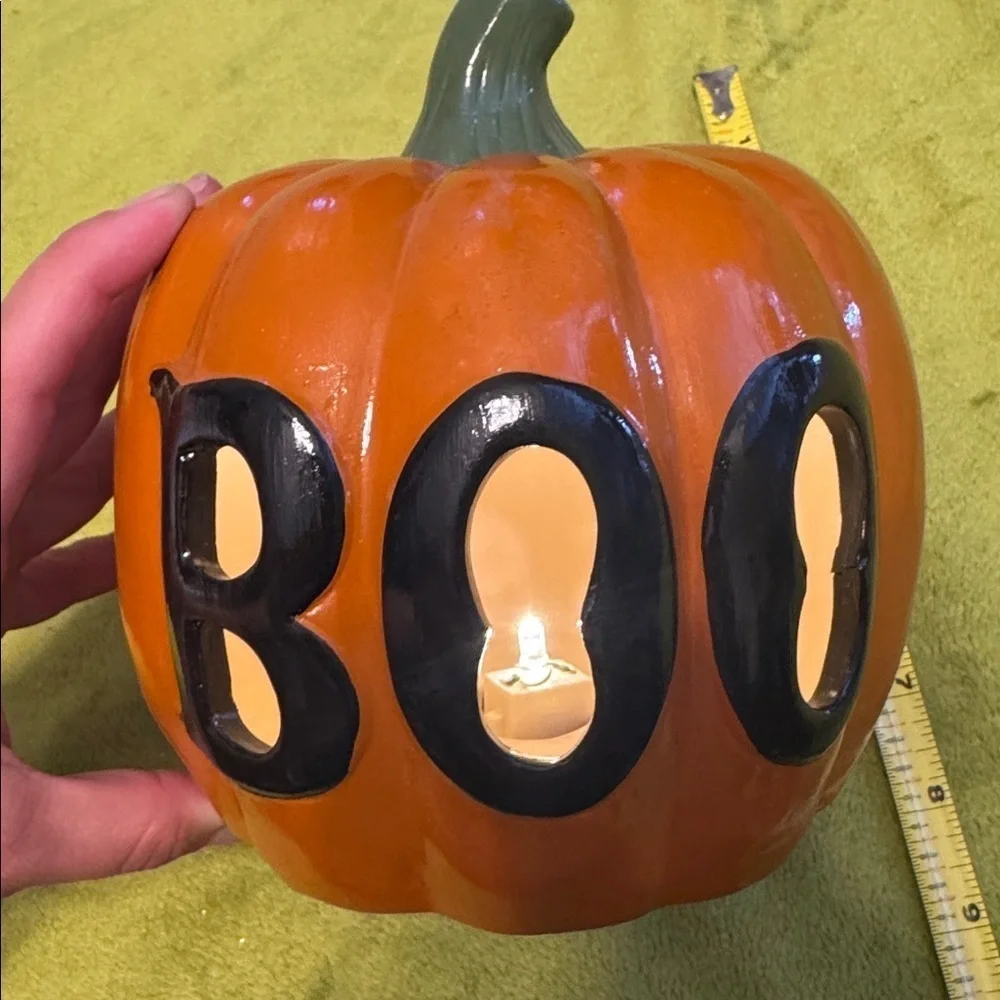 Decorative Light Up Boo Halloween Orange Pumpkin (green stem) Approximately 6”